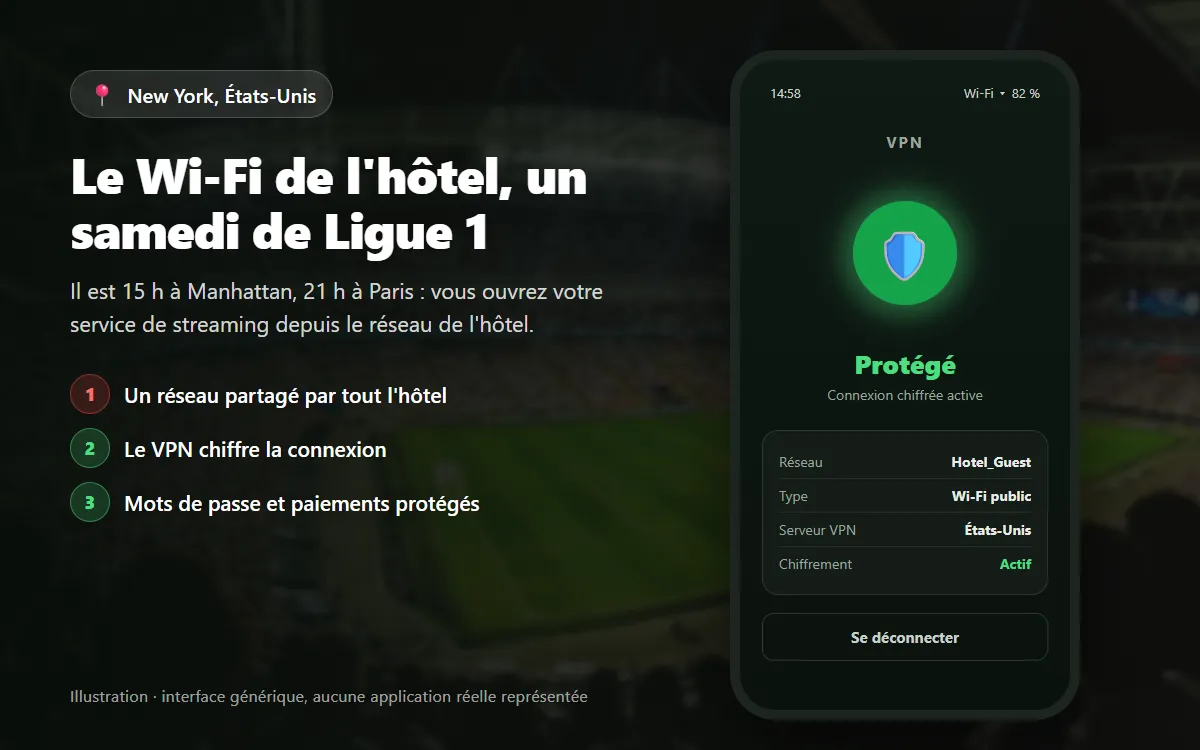 Illustration : un téléphone connecté au Wi-Fi d'un hôtel à New York avec un VPN activé